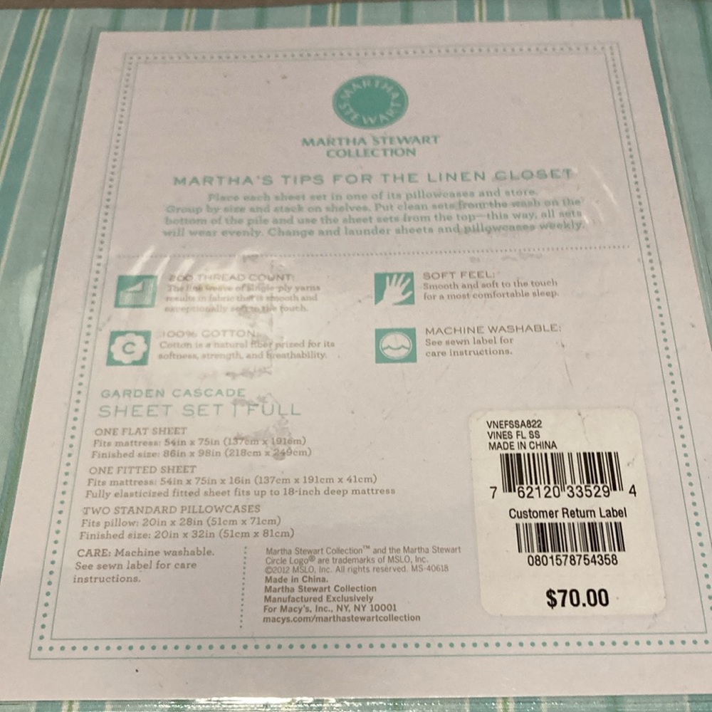 NEW Martha Stewart Turquoise Full Sheet Set Luxurious Bedding - Picture 2 of 2